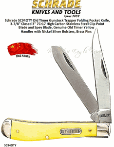 Schrade Knives SC94OTY Old Timer Gunstock Trapper Folding Pocket Knife, 3-7/8" Closed 3" 7Cr17 High Carbon Stainless Steel Clip Point Blade and Spey Blade, Genuine Old Timer Yellow Handles with Nickel Silver Bolsters, Brass Pins
