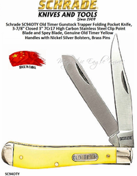 Schrade Knives SC94OTY Old Timer Gunstock Trapper Folding Pocket Knife, 3-7/8" Closed 3" 7Cr17 High Carbon Stainless Steel Clip Point Blade and Spey Blade, Genuine Old Timer Yellow Handles with Nickel Silver Bolsters, Brass Pins Schrade Knives SC94OTY Old Timer Gunstock Trapper Folding Pocket Knife, 3-7/8" Closed 3" 7Cr17 High Carbon Stainless Steel Clip Point Blade and Spey Blade, Genuine Old Timer Yellow Handles with Nickel Silver Bolsters, Brass Pins