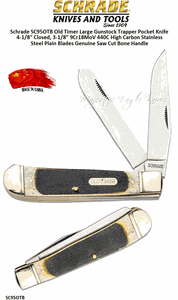 Schrade Knives SC95OTB Old Timer Large Gunstock Trapper Pocket Knife 4-1/8" Closed, 3-1/8" 9Cr18MoV 440C High Carbon Stainless Steel Plain Blades Genuine Saw Cut Bone Handle