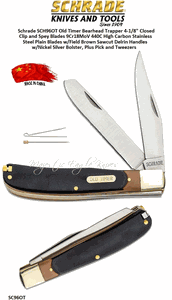 Schrade Knives SC96OT Old Timer Bearhead Trapper 4-1/8" Closed Clip and Spey Blades 3-1/2" 9Cr18MoV 440C High Carbon Stainless Steel Plain Blades w/Field Brown Sawcut Delrin Handles, Nickel Silver Bolster, Plus ToothPick and Tweezers 
