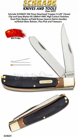 Schrade Knives SC96OT Old Timer Bearhead Trapper 4-1/8" Closed Clip and Spey Blades 3-1/2" 9Cr18MoV 440C High Carbon Stainless Steel Plain Blades w/Field Brown Sawcut Delrin Handles, Nickel Silver Bolster, Plus ToothPick and Tweezers Schrade Knives SC96OT Old Timer Bearhead Trapper 4-1/8" Closed Clip and Spey Blades 3-1/2" 9Cr18MoV 440C High Carbon Stainless Steel Plain Blades w/Field Brown Sawcut Delrin Handles, Nickel Silver Bolster, Plus ToothPick and Tweezers