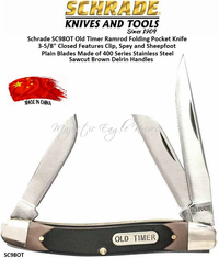 Schrade Knives SC98OT Old Timer Ramrod Folding Pocket Knife 3-5/8" Closed Features Clip, Spey and Sheepfoot Plain Blades Made of 400 Series Stainless Steel Sawcut Brown Delrin Handles Schrade Knives SC98OT Old Timer Ramrod Folding Pocket Knife 3-5/8" Closed Features Clip, Spey and Sheepfoot Plain Blades Made of 400 Series Stainless Steel Sawcut Brown Delrin Handles