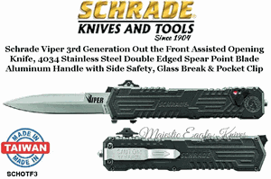 Schrade Knives SCHOTF3 Schrade Viper 3rd Generation Double-edged Spear Point Plain Blade Black Aluminum Handle Out the Front Assisted Opening Knife