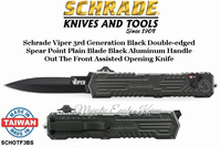 Schrade Knives SCHOTF3B Shrade Viper 3 OTF Assisted 3.5" Black Plain Double Edge Spear Point Blade, Gray Aluminum Handled Knife Schrade Knives SCHOTF3B Shrade Viper 3 OTF Assisted 3.5" Black Plain Double Edge Spear Point Blade, Gray Aluminum Handled Knife