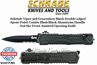 Schrade Knives SCHOTF3BS Schrade Viper 3 OTF Assisted 3.5" Black Combo Double Edge Spear Point Blade, Gray Aluminum Handled Knife Schrade Knives SCHOTF3BS Schrade Viper 3 OTF Assisted 3.5" Black Combo Double Edge Spear Point Blade, Gray Aluminum Handled Knife