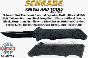 Schrade Knives SCHOTF7BS Schrade Out The Front Assisted Opening Knife, Black AUS-8 High Carbon Stainless Steel Drop Point Combo Blade with Blood Groove, Black Aluminum Handle