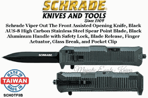 Schrade Knives SCHOTF8B Schrade Viper Out The Front Assisted Opening Knife Double Edged Spear Point Plain Blade Aluminum Handle