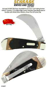 Schrade Knives Schrade SC16OT Old Timer Hawkbill Pruner Liner Lock Folding Pocket Knife 4" Closed 3" 7Cr17MoV High Carbon Stainless Steel Blade Sawcut Handles with Nickel Silver Bolsters, Brass Pins & Pocket Clip