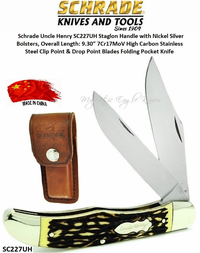 Schrade Knives Schrade SC227UH Uncle Henry Staglon Handle with Nickel Silver Bolsters, Overall Length: 9.30" 7Cr17MoV High Carbon Stainless Steel Clip Point & Drop Point Blades Folding Pocket Knife Schrade Knives Schrade SC227UH Uncle Henry Staglon Handle with Nickel Silver Bolsters, Overall Length: 9.30" 7Cr17MoV High Carbon Stainless Steel Clip Point & Drop Point Blades Folding Pocket Knife