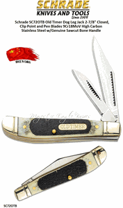 Schrade Knives Schrade SC72OTB Old Timer Dog Leg Jack 5-1/8" Closed, 2-1/8" Clip Point and Pen Blades 9Cr18MoV High Carbon Stainless Steel w/Genuine Sawcut Bone Handle