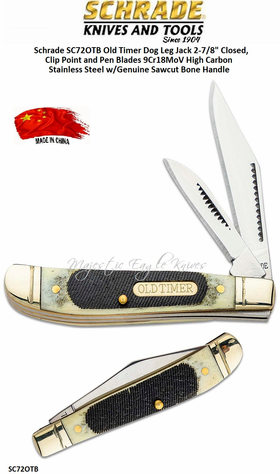 Schrade Knives Schrade SC72OTB Old Timer Dog Leg Jack 5-1/8" Closed, 2-1/8" Clip Point and Pen Blades 9Cr18MoV High Carbon Stainless Steel w/Genuine Sawcut Bone Handle