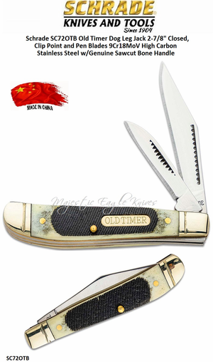 Schrade Knives Schrade SC72OTB Old Timer Dog Leg Jack 5-1/8" Closed, 2-1/8" Clip Point and Pen Blades 9Cr18MoV High Carbon Stainless Steel w/Genuine Sawcut Bone Handle