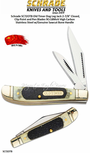 Schrade Knives Schrade SC72OTB Old Timer Dog Leg Jack 5-1/8" Closed, 2-1/8" Clip Point and Pen Blades 9Cr18MoV High Carbon Stainless Steel w/Genuine Sawcut Bone Handle Schrade Knives Schrade SC72OTB Old Timer Dog Leg Jack 5-1/8" Closed, 2-1/8" Clip Point and Pen Blades 9Cr18MoV High Carbon Stainless Steel w/Genuine Sawcut Bone Handle
