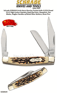 Schrade Knives Schrade SC834UH Uncle Henry Rancher Pocket Knife 3-5/16 Closed 7Cr17 High Carbon Stainless Steel Clip Point, Sheepfoot, Pen Blades, Staglon Handles w/Nickel Silver Bolsters, Brass Pins