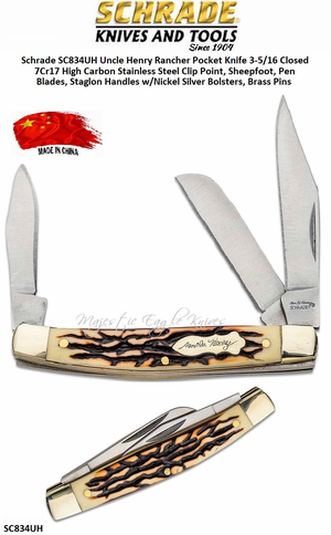 Schrade Knives Schrade SC834UH Uncle Henry Rancher Pocket Knife 3-5/16 Closed 7Cr17 High Carbon Stainless Steel Clip Point, Sheepfoot, Pen Blades, Staglon Handles w/Nickel Silver Bolsters, Brass Pins Schrade Knives Schrade SC834UH Uncle Henry Rancher Pocket Knife 3-5/16 Closed 7Cr17 High Carbon Stainless Steel Clip Point, Sheepfoot, Pen Blades, Staglon Handles w/Nickel Silver Bolsters, Brass Pins