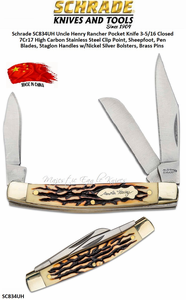 Schrade Knives Schrade SC834UH Uncle Henry Rancher Pocket Knife 3-5/16 Closed 7Cr17 High Carbon Stainless Steel Clip Point, Sheepfoot, Pen Blades, Staglon Handles w/Nickel Silver Bolsters, Brass Pins Schrade Knives Schrade SC834UH Uncle Henry Rancher Pocket Knife 3-5/16 Closed 7Cr17 High Carbon Stainless Steel Clip Point, Sheepfoot, Pen Blades, Staglon Handles w/Nickel Silver Bolsters, Brass Pins