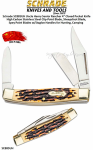 Schrade Knives Schrade SC885UH Uncle Henry Senior Rancher 4" Closed Pocket Knife High Carbon Stainless Steel Clip-Point Blade, Sheepsfoot Blade, Spey Point Blades w/Staglon Handles for Hunting, Camping Schrade Knives Schrade SC885UH Uncle Henry Senior Rancher 4" Closed Pocket Knife High Carbon Stainless Steel Clip-Point Blade, Sheepsfoot Blade, Spey Point Blades w/Staglon Handles for Hunting, Camping