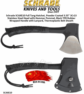 Schrade Knives Schrade SCAXE10 Full Tang Hatchet, Powder Coated 3.55" 3Cr13 Stainless Steel Head with Hammer Pommel, Black TPR Rubber Wrapped Handle with Lanyard, Thermoplastic Belt Sheath