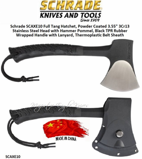 Schrade Knives Schrade SCAXE10 Full Tang Hatchet, Powder Coated 3.55" 3Cr13 Stainless Steel Head with Hammer Pommel, Black TPR Rubber Wrapped Handle with Lanyard, Thermoplastic Belt Sheath