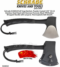 Schrade Knives Schrade SCAXE10 Full Tang Hatchet, Powder Coated 3.55" 3Cr13 Stainless Steel Head with Hammer Pommel, Black TPR Rubber Wrapped Handle with Lanyard, Thermoplastic Belt Sheath Schrade Knives Schrade SCAXE10 Full Tang Hatchet, Powder Coated 3.55" 3Cr13 Stainless Steel Head with Hammer Pommel, Black TPR Rubber Wrapped Handle with Lanyard, Thermoplastic Belt Sheath