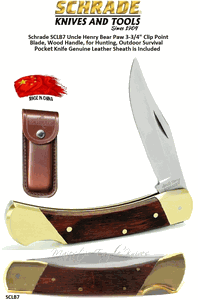 Schrade Knives SCLB7 Uncle Henry Bear Paw 3-3/4" Clip Point Blade, Brass Liners, Brass Bolsters, Lockback Wood Handle, for Hunting, Outdoor Survival Pocket Knife Genuine Leather Sheath is Included