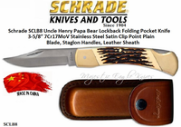 Schrade Knives SCLB8 Uncle Henry Papa Bear Lockback Folding Pocket Knife 5" Closed 3-5/8″ 7Cr17MoV Stainless Steel Satin Clip Point Plain Blade, Staglon Handles, Leather Sheath Schrade Knives SCLB8 Uncle Henry Papa Bear Lockback Folding Pocket Knife 5" Closed 3-5/8″ 7Cr17MoV Stainless Steel Satin Clip Point Plain Blade, Staglon Handles, Leather Sheath