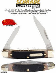Schrade SC104OT Old Timer Minuteman Pocket Knife Sawcut Delrin Handles w/Nickel Silver Bolsters and Inlay Shield 2-7/8" Closed, Clip Point, Pen Stainless Steel Blades 