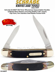 Schrade SC104OT Old Timer Minuteman Pocket Knife Sawcut Delrin Handles w/Nickel Silver Bolsters and Inlay Shield 2-7/8" Closed, Clip Point, Pen Stainless Steel Blades 