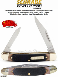 Schrade SC104OT Old Timer Minuteman Pocket Knife Sawcut Delrin Handles w/Nickel Silver Bolsters and Inlay Shield 2-7/8" Closed, Clip Point, Pen Stainless Steel Blades Schrade SC104OT Old Timer Minuteman Pocket Knife Sawcut Delrin Handles w/Nickel Silver Bolsters and Inlay Shield 2-7/8" Closed, Clip Point, Pen Stainless Steel Blades