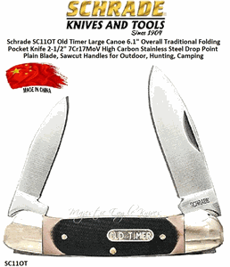 Schrade SC11OT Old Timer Large Canoe 6.1" Overall Traditional Folding Pocket Knife 2-1/2" 7Cr17MoV High Carbon Stainless Steel Drop Point Plain Blade, Sawcut Handles for Outdoor, Hunting, Camping