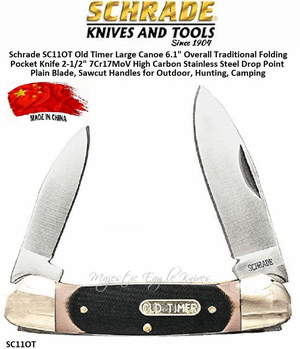 Schrade SC11OT Old Timer Large Canoe 6.1" Overall Traditional Folding Pocket Knife 2-1/2" 7Cr17MoV High Carbon Stainless Steel Drop Point Plain Blade, Sawcut Handles for Outdoor, Hunting, Camping Schrade SC11OT Old Timer Large Canoe 6.1" Overall Traditional Folding Pocket Knife 2-1/2" 7Cr17MoV High Carbon Stainless Steel Drop Point Plain Blade, Sawcut Handles for Outdoor, Hunting, Camping