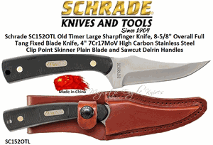 Schrade SC152OTL Old Timer Large Sharpfinger Knife, 8-5/8" Overall Full Tang Fixed Blade Knife, 4" 7Cr17MoV High Carbon Stainless Steel Clip Point Skinner Plain Blade and Sawcut Delrin Handles 