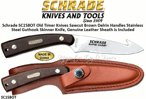 Schrade SC158OT Old Timer Knives Sawcut Brown Delrin Handles Stainless Steel Guthook Skinner Knife, Genuine Leather Sheath is Included