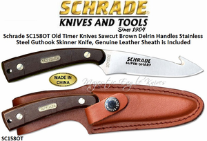 Schrade SC158OT Old Timer Knives Sawcut Brown Delrin Handles Stainless Steel Guthook Skinner Knife, Genuine Leather Sheath is Included Schrade SC158OT Old Timer Knives Sawcut Brown Delrin Handles Stainless Steel Guthook Skinner Knife, Genuine Leather Sheath is Included