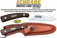 Schrade SC158OT Old Timer Knives Sawcut Brown Delrin Handles Stainless Steel Guthook Skinner Knife, Genuine Leather Sheath is Included Schrade SC158OT Old Timer Knives Sawcut Brown Delrin Handles Stainless Steel Guthook Skinner Knife, Genuine Leather Sheath is Included