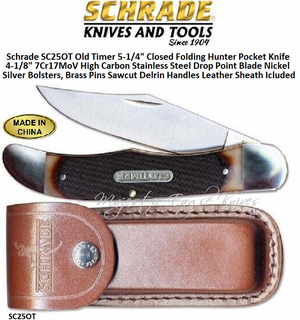Schrade SC25OT Old Timer 5-1/4" Closed Folding Hunter Pocket Knife 4-1/8" 7Cr17MoV High Carbon Stainless Steel Drop Point Blade Nickel Silver Bolsters, Brass Pins Sawcut Delrin Handles Leather Sheath Icluded Schrade SC25OT Old Timer 5-1/4" Closed Folding Hunter Pocket Knife 4-1/8" 7Cr17MoV High Carbon Stainless Steel Drop Point Blade Nickel Silver Bolsters, Brass Pins Sawcut Delrin Handles Leather Sheath Icluded