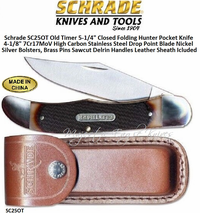 Schrade SC25OT Old Timer 5-1/4" Closed Folding Hunter Pocket Knife 4-1/8" 7Cr17MoV High Carbon Stainless Steel Drop Point Blade Nickel Silver Bolsters, Brass Pins Sawcut Delrin Handles Leather Sheath Icluded Schrade SC25OT Old Timer 5-1/4" Closed Folding Hunter Pocket Knife 4-1/8" 7Cr17MoV High Carbon Stainless Steel Drop Point Blade Nickel Silver Bolsters, Brass Pins Sawcut Delrin Handles Leather Sheath Icluded