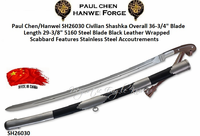 Paul Chen/Hanwei SH26030 Civilian Shashka Overall: 36 3/4" Blade Length: 29 3/8" Blade Length 5160 Steel Blade Black Leather Wrapped Scabbard Features Stainless Steel Accoutrements Paul Chen/Hanwei SH26030 Civilian Shashka Overall: 36 3/4" Blade Length: 29 3/8" Blade Length 5160 Steel Blade Black Leather Wrapped Scabbard Features Stainless Steel Accoutrements