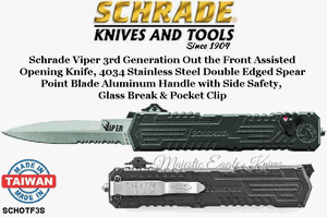 Shrade Knives SCHOTF3S Schrade Viper 3 OTF Assisted 3.5" Bead Blast Combo Double Edge Spear Point Blade, Gray Aluminum Handled Knife