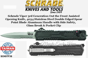 Shrade Knives SCHOTF3S Schrade Viper 3 OTF Assisted 3.5" Bead Blast Combo Double Edge Spear Point Blade, Gray Aluminum Handled Knife Shrade Knives SCHOTF3S Schrade Viper 3 OTF Assisted 3.5" Bead Blast Combo Double Edge Spear Point Blade, Gray Aluminum Handled Knife