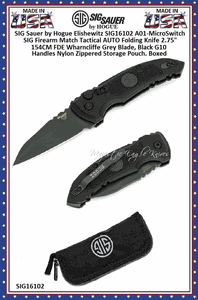 SIG Sauer by Hogue Elishewitz SIG16102 A01-MicroSwitch SIG Firearm Match Tactical AUTO Folding Knife 2.75" 154CM FDE Wharncliffe Grey Blade, Black G10 Handles Nylon Zippered Storage Pouch. Boxed