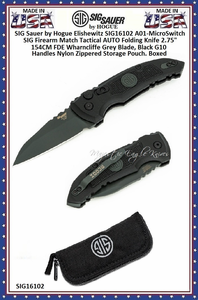 SIG Sauer by Hogue Elishewitz SIG16102 A01-MicroSwitch SIG Firearm Match Tactical AUTO Folding Knife 2.75" 154CM FDE Wharncliffe Grey Blade, Black G10 Handles Nylon Zippered Storage Pouch. Boxed SIG Sauer by Hogue Elishewitz SIG16102 A01-MicroSwitch SIG Firearm Match Tactical AUTO Folding Knife 2.75" 154CM FDE Wharncliffe Grey Blade, Black G10 Handles Nylon Zippered Storage Pouch. Boxed