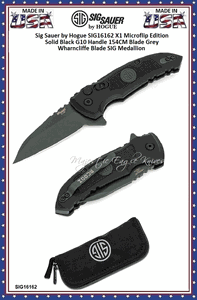 SIG Sauer by Hogue Elishewitz SIG16162 X-1-MicroSwitch Black Button Lock Folding Knife 2-3/4" Gray Cerakote Finish CPM-154 Stainless Wharncliffe Blade, Black Textured G10 Handles Black Nylon Zippered Storage Pouch. Boxed