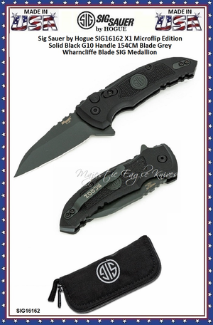 SIG Sauer by Hogue Elishewitz SIG16162 X-1-MicroSwitch Black Button Lock Folding Knife 2-3/4" Gray Cerakote Finish CPM-154 Stainless Wharncliffe Blade, Black Textured G10 Handles Black Nylon Zippered Storage Pouch. Boxed