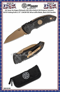 SIG Sauer by Hogue SIG16100 SIG Sauer by Hogue Elishewitz A01-MicroSwitch SIG Emperor Scorpion AUTO Folding Knife 2.75" 154CM FDE Wharncliffe Blade, Black G10 Handles SIG Sauer by Hogue SIG16100 SIG Sauer by Hogue Elishewitz A01-MicroSwitch SIG Emperor Scorpion AUTO Folding Knife 2.75" 154CM FDE Wharncliffe Blade, Black G10 Handles