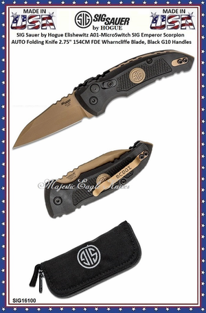 SIG Sauer by Hogue SIG16100 SIG Sauer by Hogue Elishewitz A01-MicroSwitch SIG Emperor Scorpion AUTO Folding Knife 2.75" 154CM FDE Wharncliffe Blade, Black G10 Handles SIG Sauer by Hogue SIG16100 SIG Sauer by Hogue Elishewitz A01-MicroSwitch SIG Emperor Scorpion AUTO Folding Knife 2.75" 154CM FDE Wharncliffe Blade, Black G10 Handles