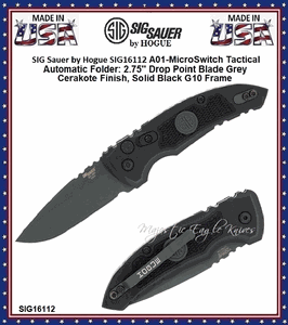 SIG Sauer by Hogue SIG16112 A01-MicroSwitch Tactical Automatic Folder: 2.75" Drop Point Blade - Grey Cerakote Finish, Solid Black G10 Frame