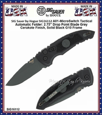 SIG Sauer by Hogue SIG16112 A01-MicroSwitch Tactical Automatic Folder: 2.75" Drop Point Blade - Grey Cerakote Finish, Solid Black G10 Frame SIG Sauer by Hogue SIG16112 A01-MicroSwitch Tactical Automatic Folder: 2.75" Drop Point Blade - Grey Cerakote Finish, Solid Black G10 Frame