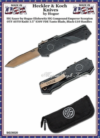SIG Sauer by Hogue SIG36020 SIG Sauer by Hogue Elishewitz SIG Compound Emperor Scorpion OTF AUTO Knife 3.5" S30V FDE Tanto Blade, Black G10 Handle SIG Sauer by Hogue SIG36020 SIG Sauer by Hogue Elishewitz SIG Compound Emperor Scorpion OTF AUTO Knife 3.5" S30V FDE Tanto Blade, Black G10 Handle
