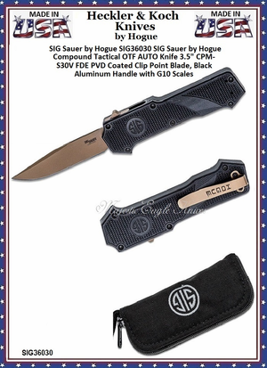 SIG Sauer by Hogue SIG36030 SIG Sauer by Hogue Compound Tactical OTF AUTO Knife 3.5" CPM-S30V FDE PVD Coated Clip Point Blade, Black Aluminum Handle with G10 Scales 